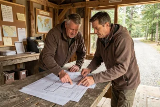 Couple d'entrepreneurs étudiant des plans d'aménagement pour transformer un camping en destination familiale