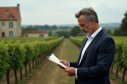 Propriétaire potentiel examinant un document de vente devant un domaine viticole bordelais avec château en arrière-plan