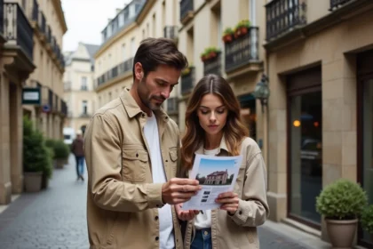 Couple consultant une annonce immobilière dans une rue pavée du quartier historique de Metz