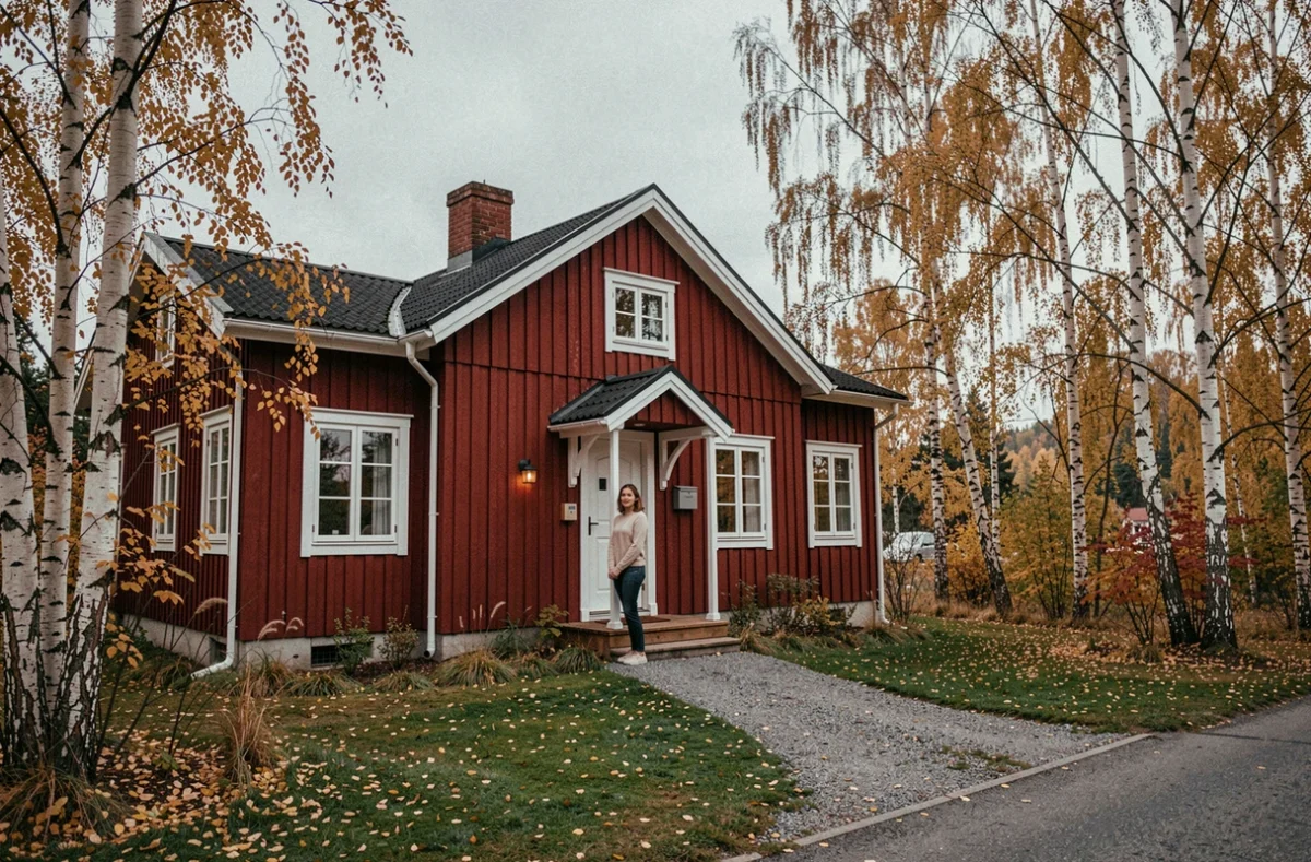 Femme devant une maison traditionnelle suédoise en bois rouge entourée de bouleaux en automne, illustrant l'achat immobilier en Suède