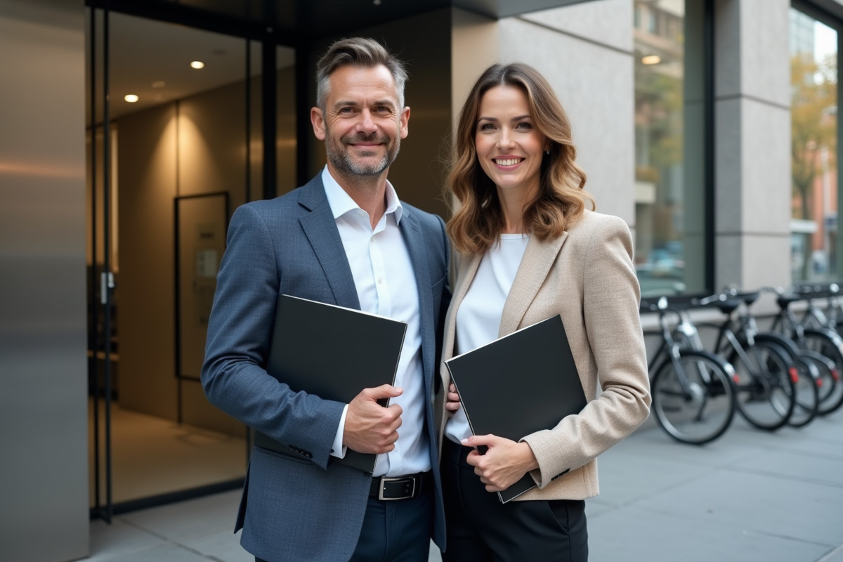 Homme et femme souriants devant une banque en extérieur