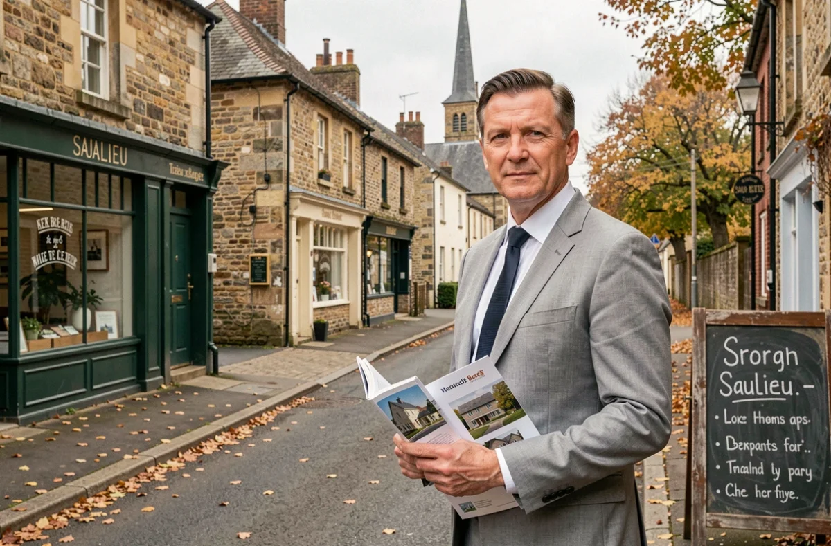Agent de l'agence DOM IMMO présentant des brochures immobilières dans la rue principale de Saulieu en Bourgogne