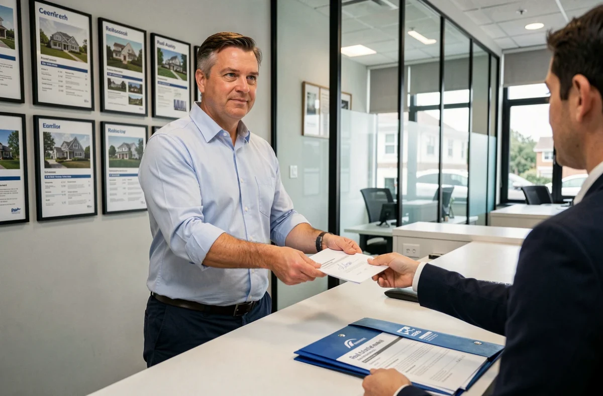 Locataire masculin remettant des documents d'assurance loyer à une agence immobilière
