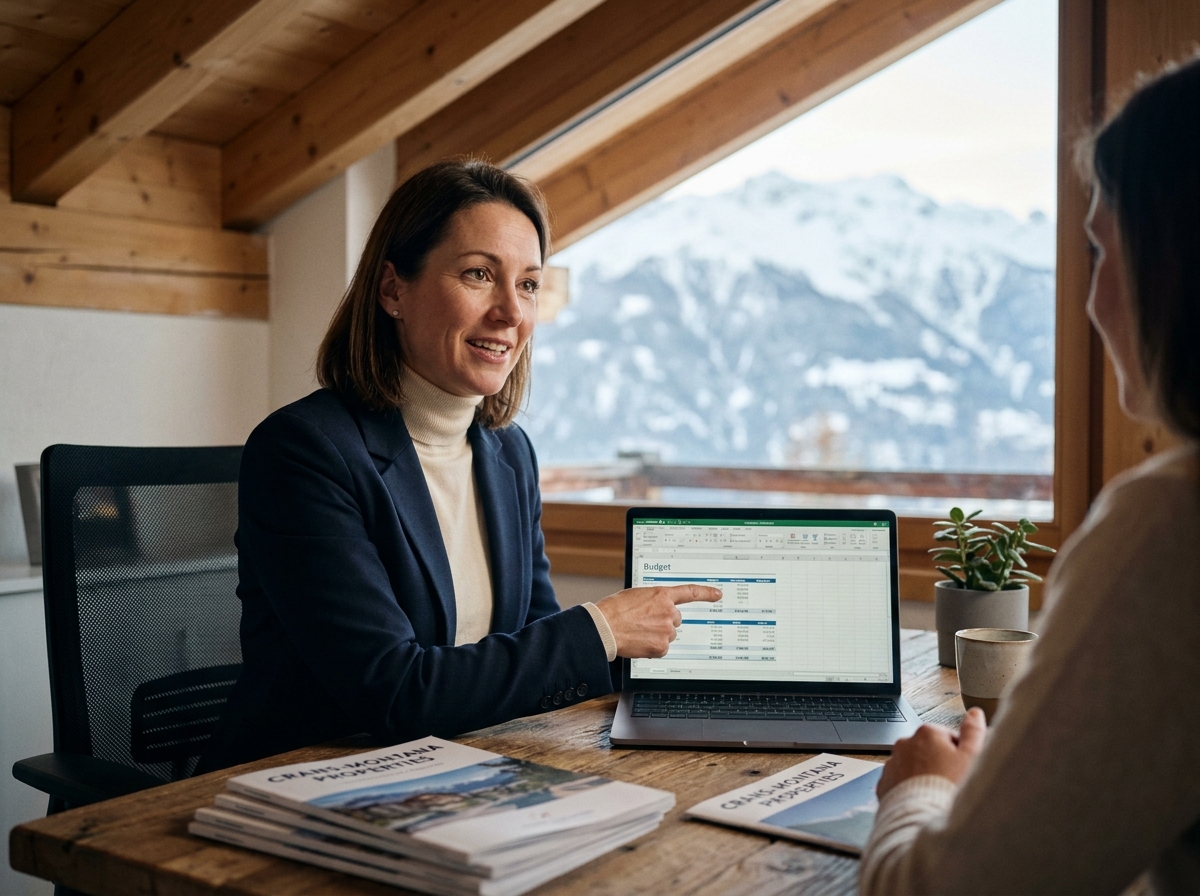 Agent immobilière présentant les budgets de location à Crans-Montana dans une agence alpine moderne