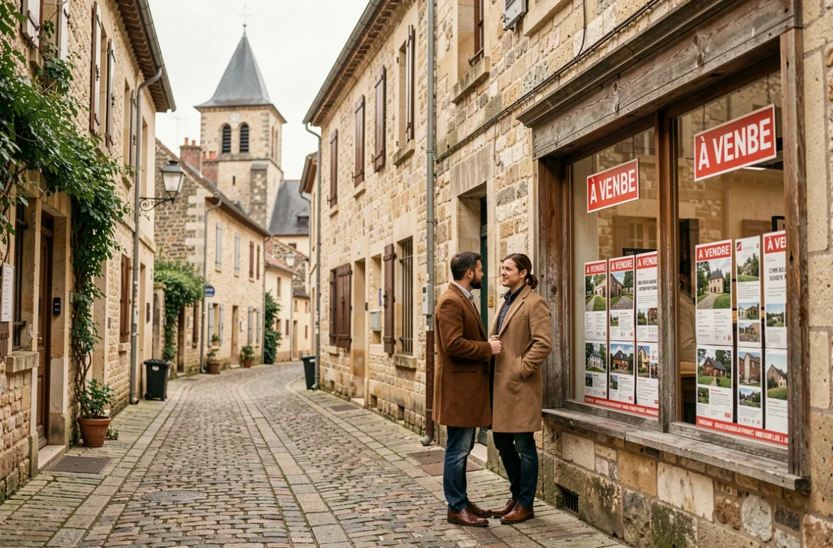 Rue commerçante du Cher avec vitrine d'agence immobilière et couple regardant les annonces de vente