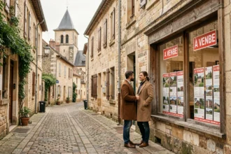Rue commerçante du Cher avec vitrine d'agence immobilière et couple regardant les annonces de vente