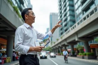 Agent immobilier thaïlandais présentant un immeuble de condominiums moderne à Bangkok avec les transports en commun BTS en arrière-plan