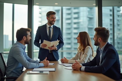 Agent immobilier souriant discutant avec un couple dans un bureau moderne