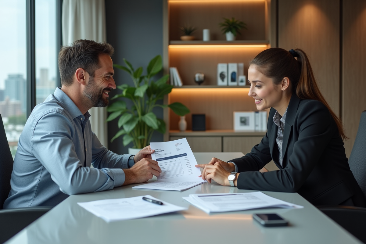 Agent immobilier et client examinant une facture