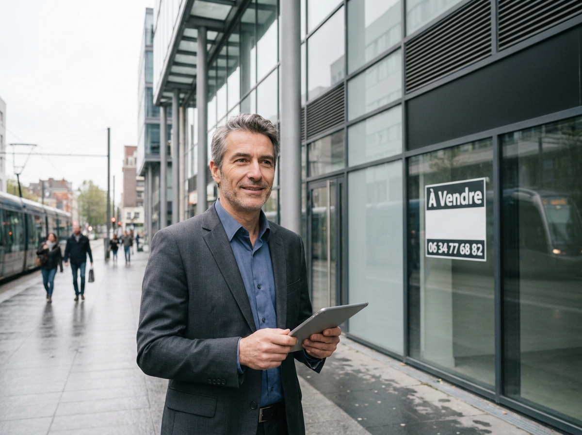 Agent immobilier devant un immeuble commercial à vendre dans le quartier Euralille à Lille