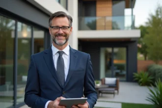 Agent immobilier en costume devant une maison moderne
