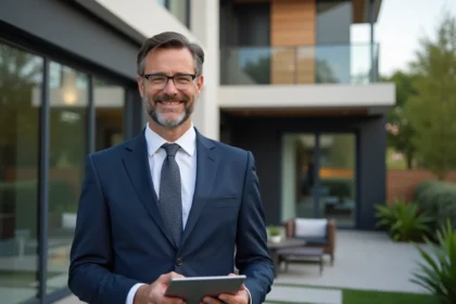 Agent immobilier en costume devant une maison moderne