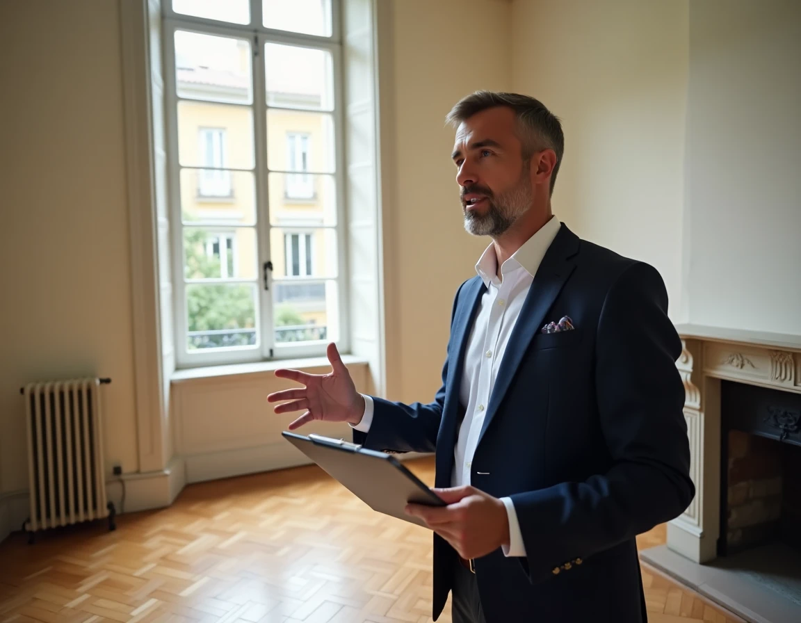 Agent immobilier présentant une maison vide à louer à Calais avec parquet et cheminée