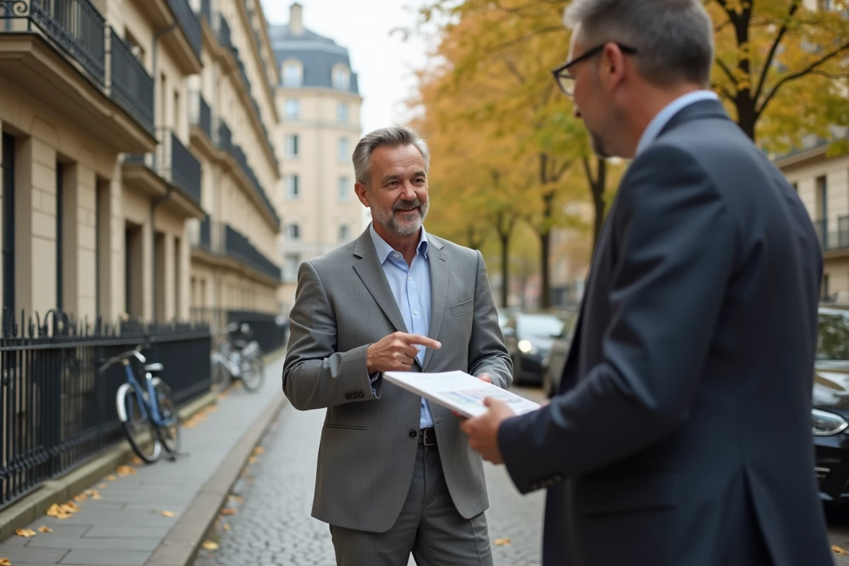 Agent immobilier Orpi présentant un bien d'investissement devant un immeuble haussmannien à Paris