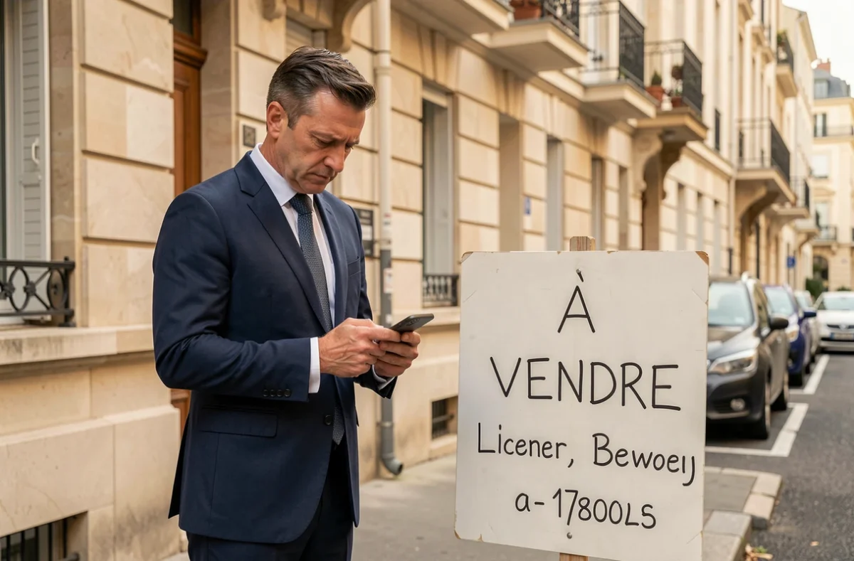 Agent immobilier négligent à côté d'un panneau à vendre peu professionnel devant un immeuble résidentiel
