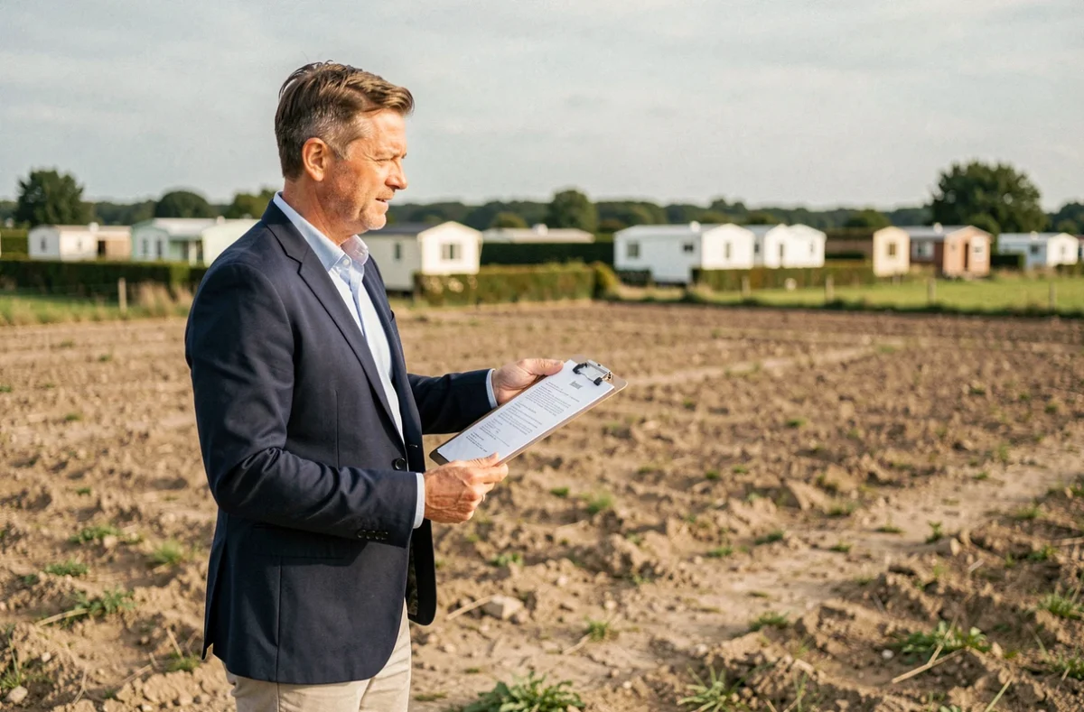 Agent immobilier présentant une parcelle de terrain à vendre en Vendée destinée à l'installation d'un mobil home