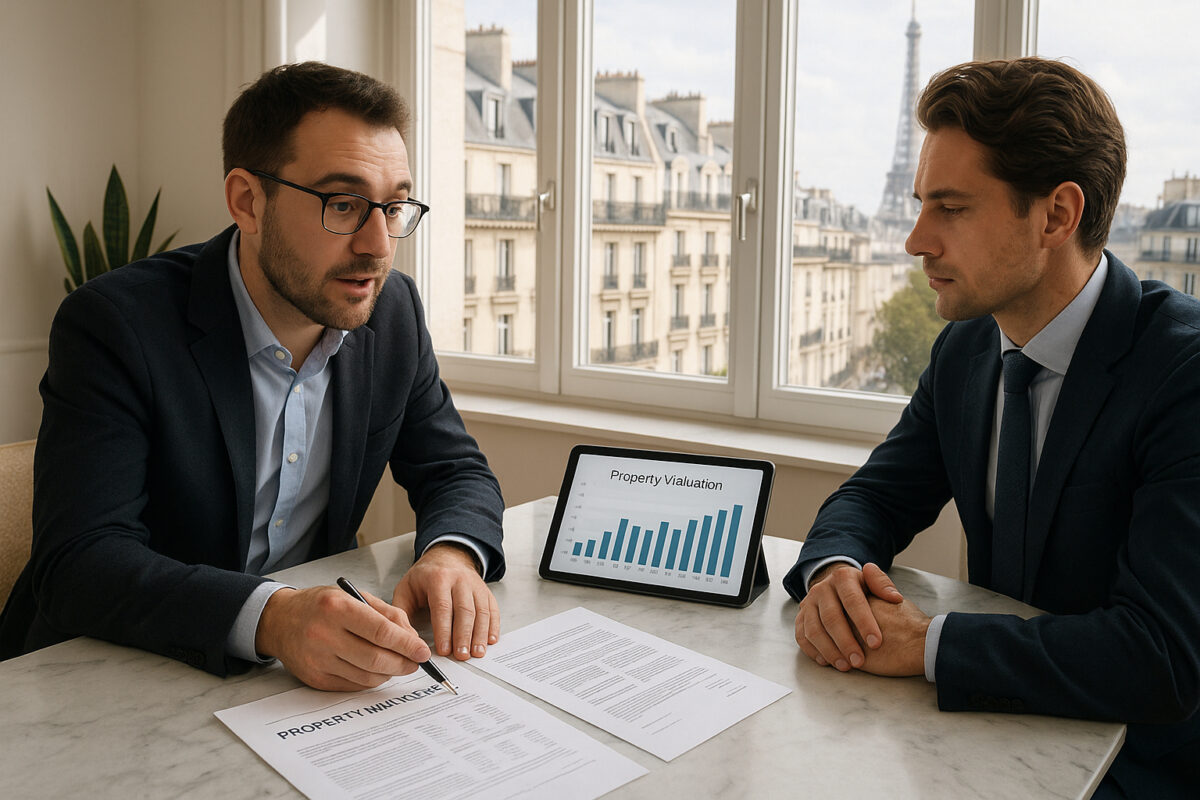 Agent immobilier parisien expliquant la valeur d'un bien dans un appartement lumineux