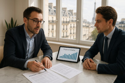 Agent immobilier parisien expliquant la valeur d'un bien dans un appartement lumineux