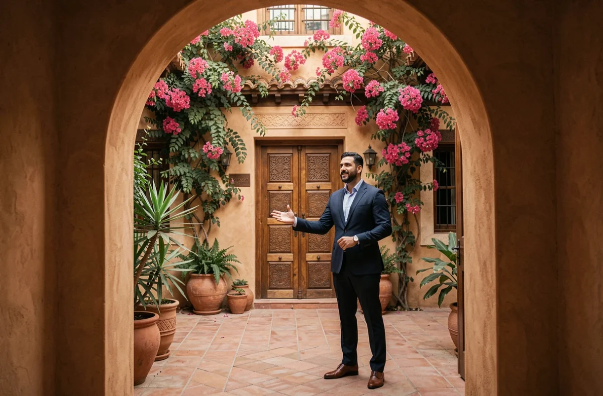 Agent immobilier présentant une villa à vendre à Marrakech avec façade traditionnelle en terracotta et porte en bois sculpté