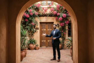 Agent immobilier présentant une villa à vendre à Marrakech avec façade traditionnelle en terracotta et porte en bois sculpté
