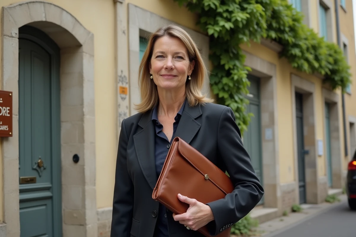 Agente immobilière devant une maison à vendre dans un quartier résidentiel de Metz