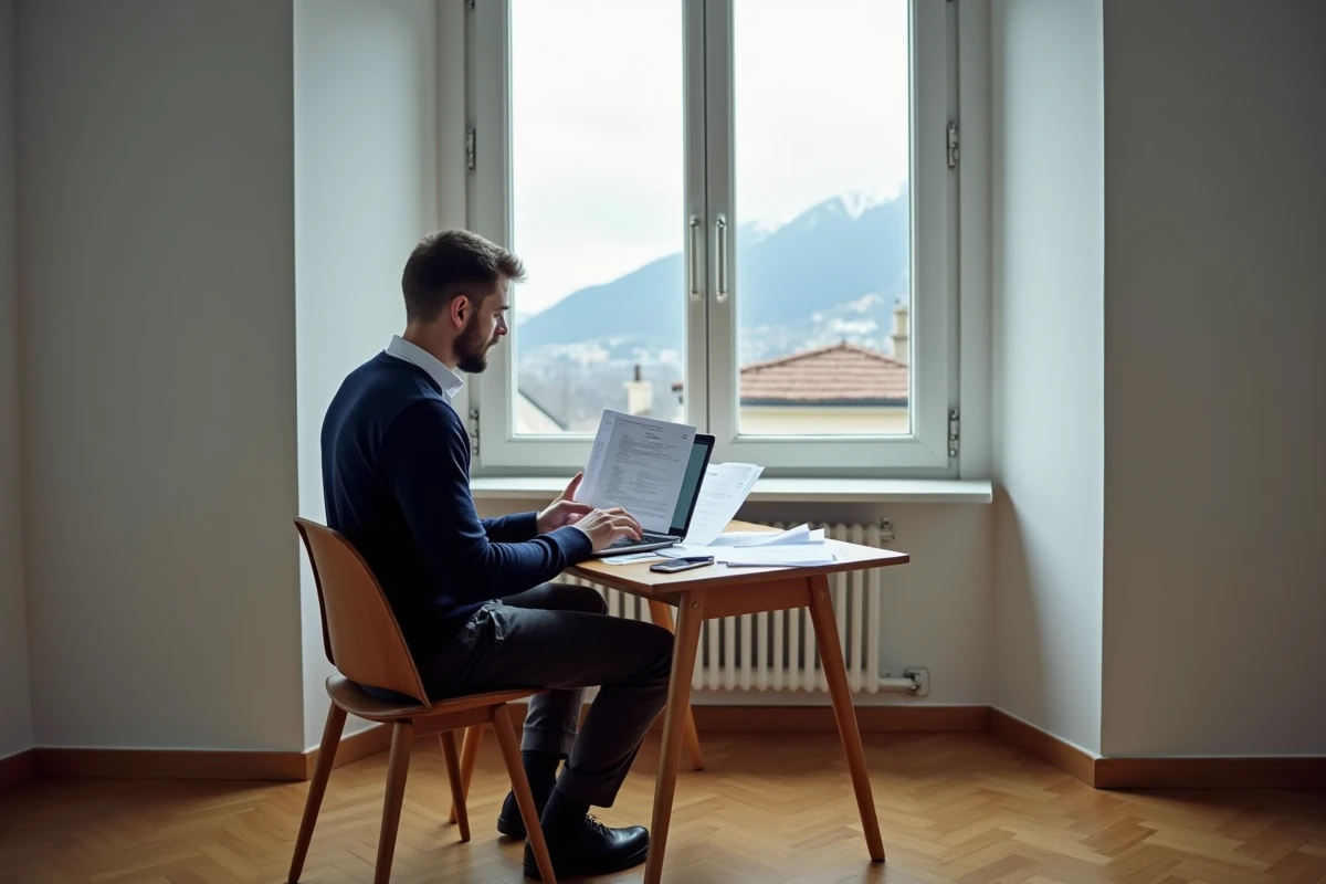 Homme analysant des documents de location dans un appartement vide du quartier Île Verte à Grenoble avec vue sur les toits et les montagnes