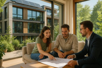 Photo d un immeuble écologique moderne avec couple et agent immobilier