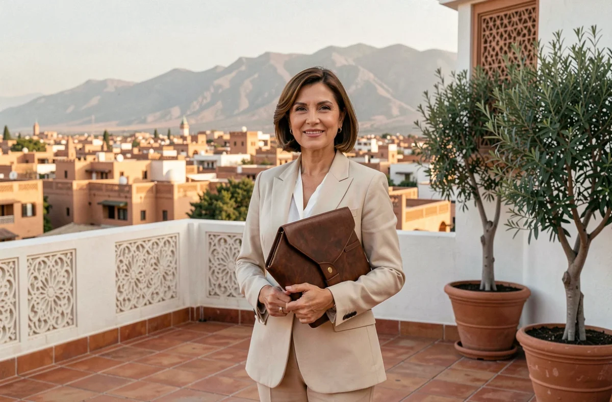 Agent immobilière sur la terrasse d'un appartement moderne à Marrakech avec vue panoramique sur la médina et les montagnes de l'Atlas