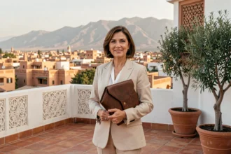 Agent immobilière sur la terrasse d'un appartement moderne à Marrakech avec vue panoramique sur la médina et les montagnes de l'Atlas
