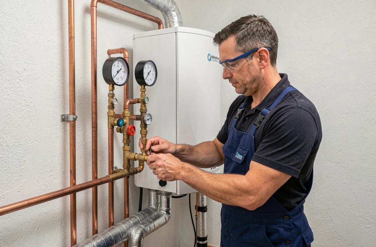 Technicien d'Aquasolution 74 installant un chauffe-eau thermodynamique dans une chaufferie de maison alpine en Haute-Savoie