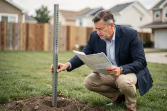 Architecte examinant une borne de limite de propriété dans un jardin résidentiel avec un plan cadastral en main