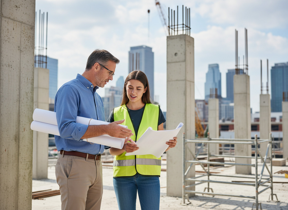 Architecte et gestionnaire de chantier discutant sur site