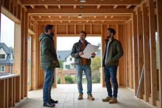 Architecte discutant avec un couple sur une extension en construction