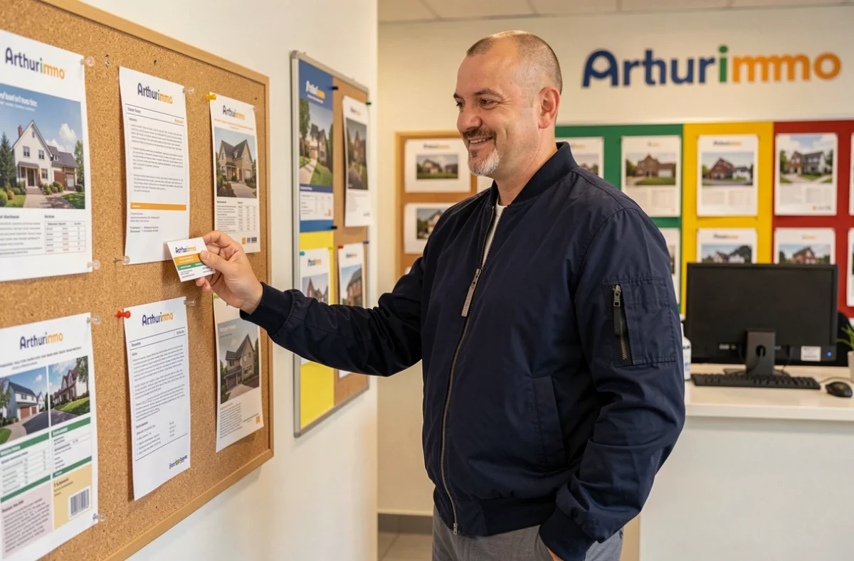Agent Arthurimmo affichant des annonces immobilières sur un panneau dans l'agence du Cher