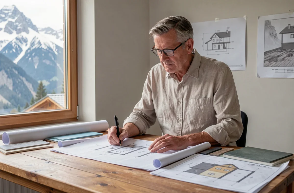 Architecte de l'Atelier d'Architecture Michel Nicoletti examinant des plans de rénovation énergétique d'une villa alpine en Haute-Savoie