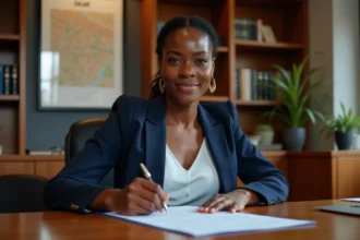 Avocate sénégalaise en blazer marine signant un contrat immobilier dans un bureau juridique à Dakar