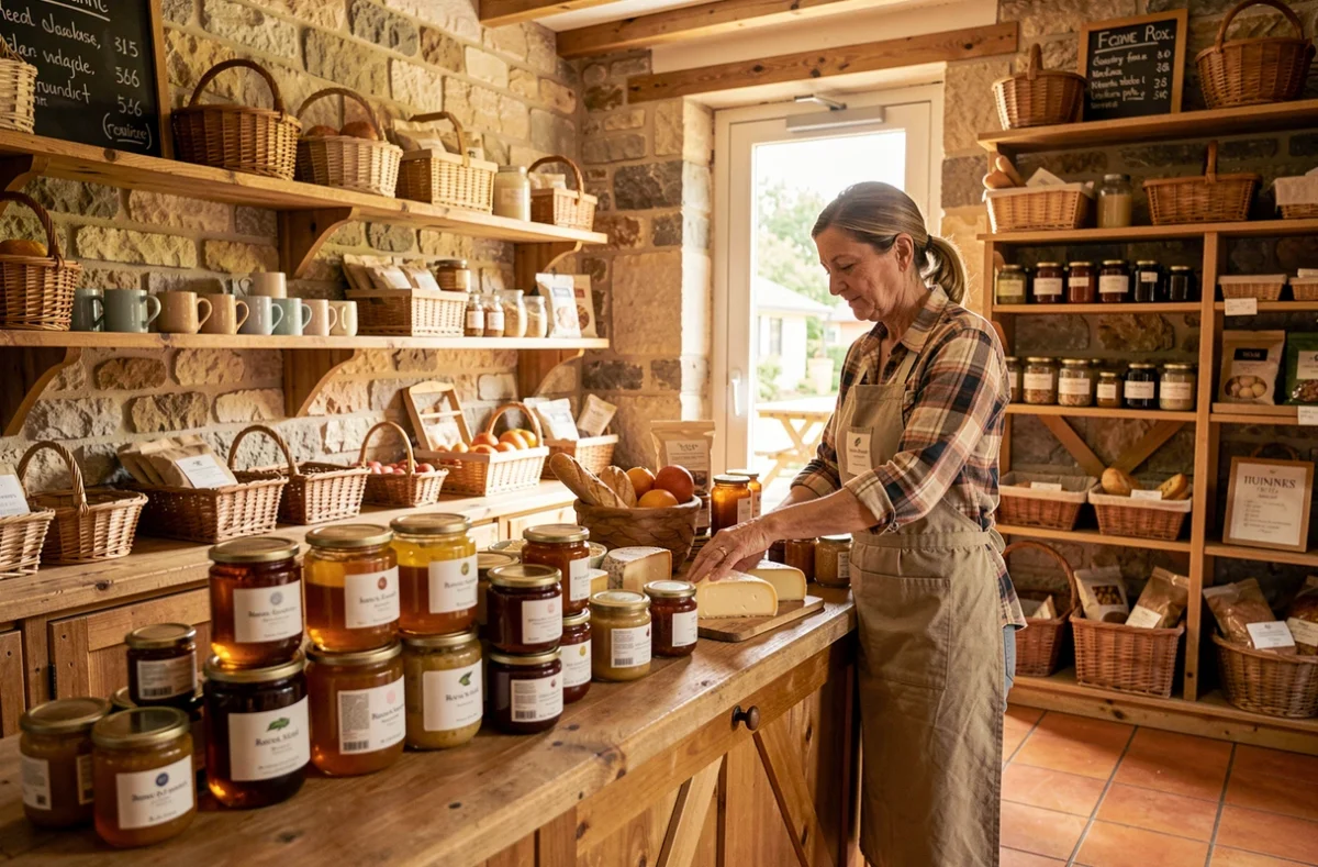 Gérante d'un camping aménageant une boutique de produits locaux artisanaux pour les familles en séjour