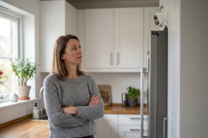 Femme inquiète regardant une caméra de sécurité connectée dans sa cuisine, questionnant la vie privée à domicile