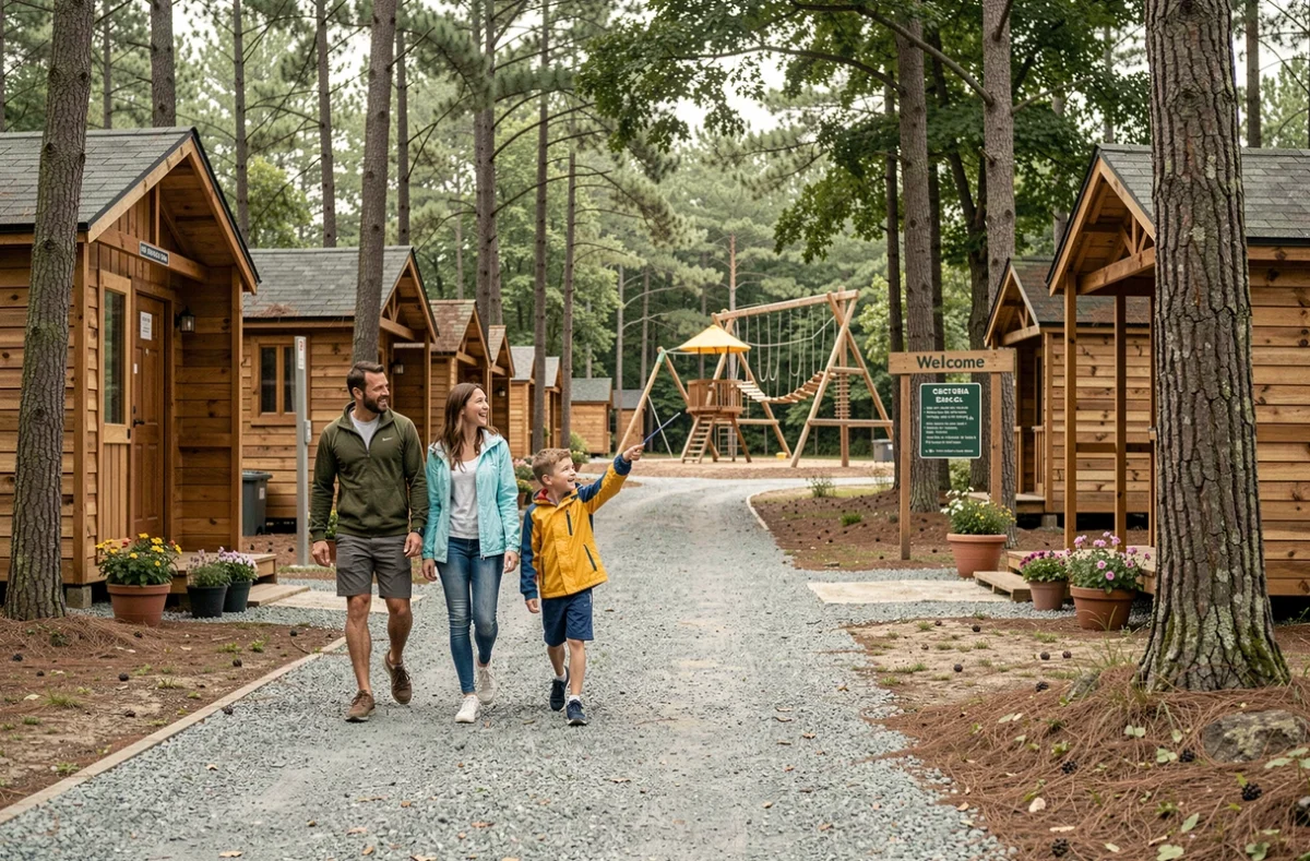 Famille se promenant dans un camping rénové avec cabines en bois et aire de jeux pour enfants
