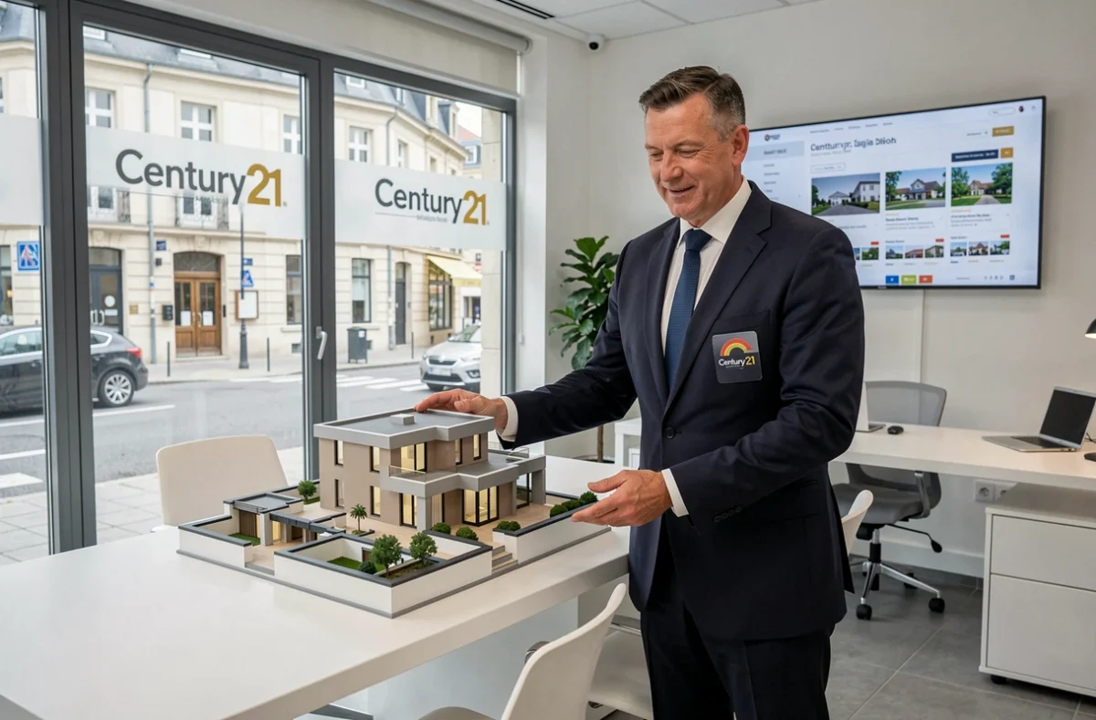 Agent Century 21 Dijon présentant une maquette de plan immobilier dans une agence moderne avec vitrines sur rue