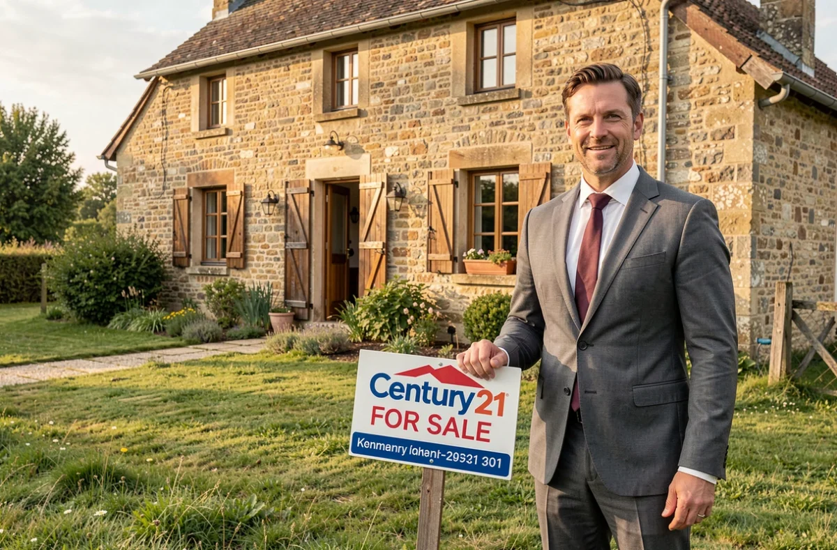 Agent Century 21 Sologne Immobilier devant une maison de campagne en Sologne avec panneau à vendre