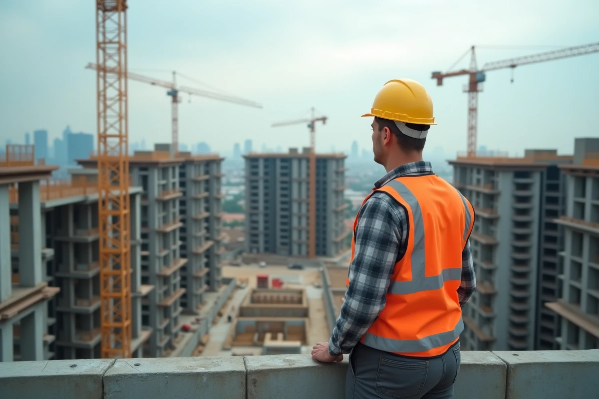 Chef de chantier supervisant un vaste projet de construction résidentielle internationale avec grues et structures en béton sous un ciel couvert