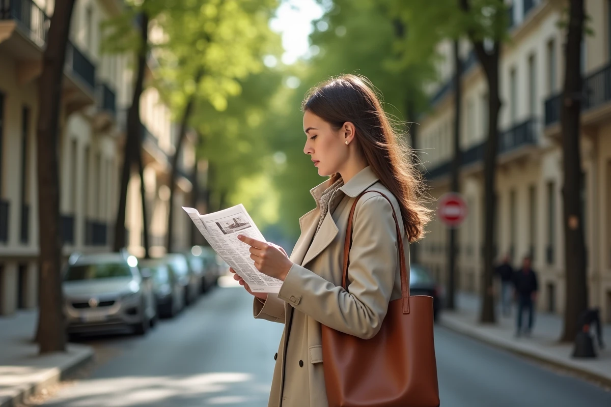 Jeune femme consultant une annonce immobilière dans le quartier Île Verte à Grenoble, entourée d'immeubles résidentiels et d'arbres