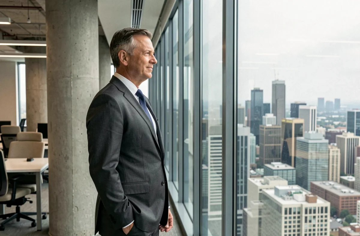Cadre dirigeant dans un bureau en hauteur de la Citadel Center avec vue panoramique sur les gratte-ciels urbains