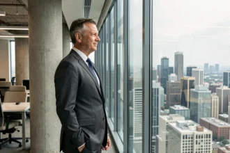 Cadre dirigeant dans un bureau en hauteur de la Citadel Center avec vue panoramique sur les gratte-ciels urbains