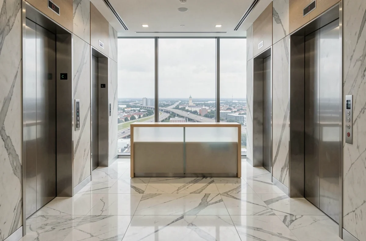 Hall d'ascenseurs luxueux en hauteur dans la tour Citadel Center avec vue aérienne urbaine depuis la fenêtre panoramique