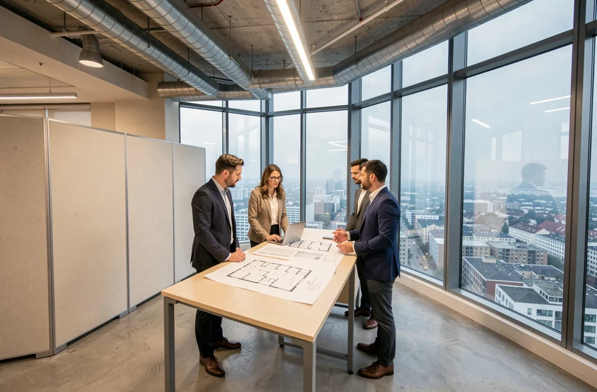 Équipe de professionnels en réunion debout dans un espace de travail ouvert en hauteur à la Citadel Center avec vue aérienne sur la ville