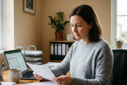 Femme indépendante examinant ses documents comptables pour une location meublée déclarée dans un bureau à domicile organisé