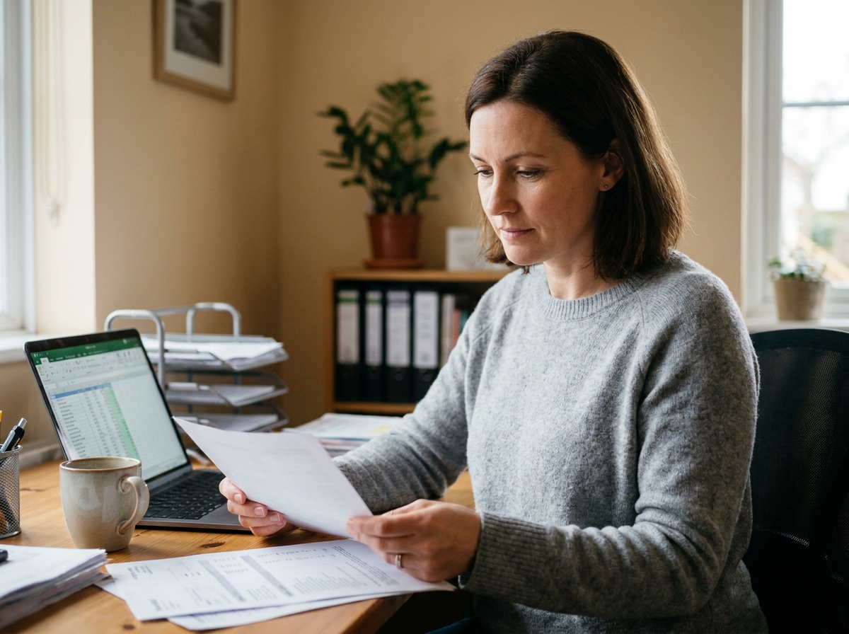 Femme indépendante examinant ses documents comptables pour une location meublée déclarée dans un bureau à domicile organisé
