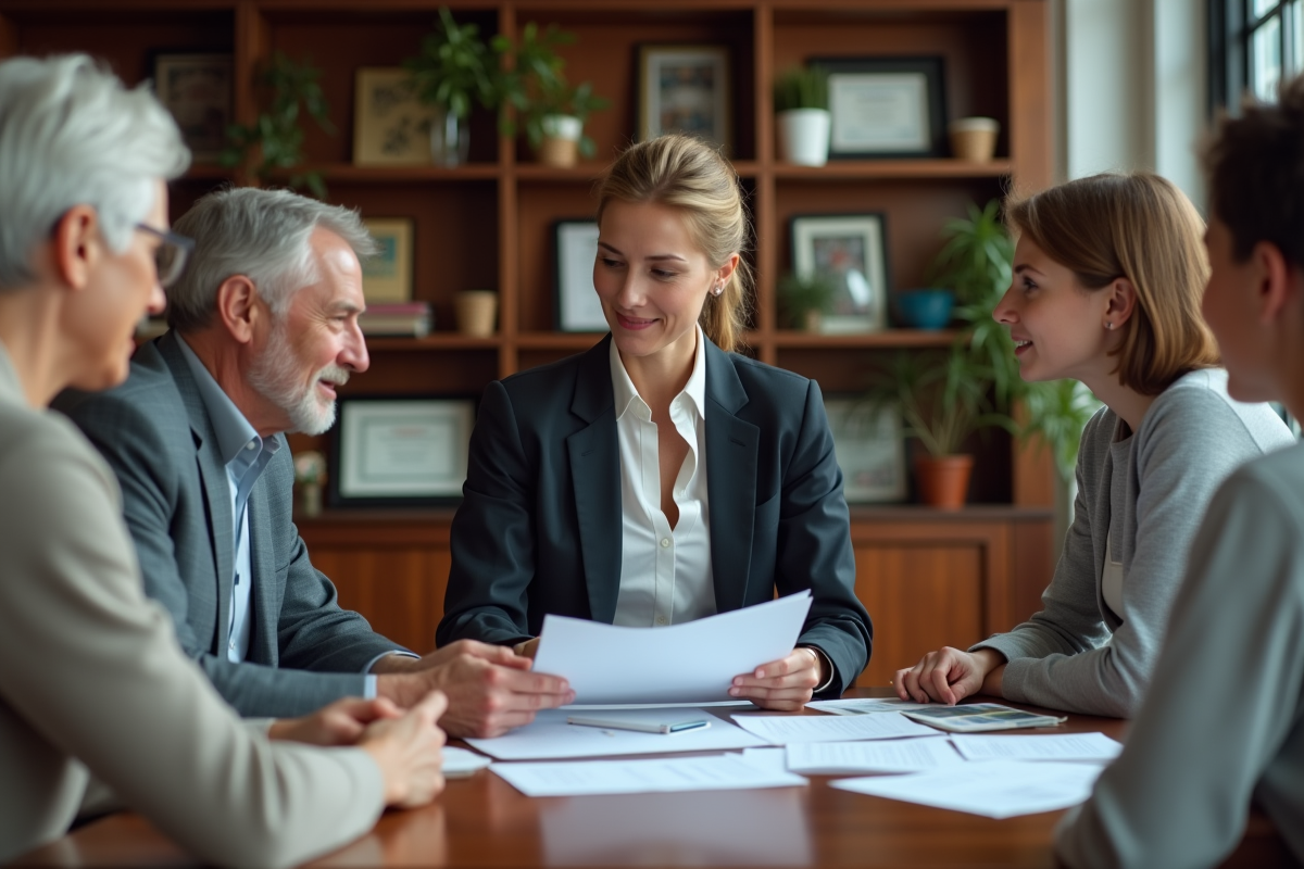 Comptable expliquant des documents fiscaux à une famille